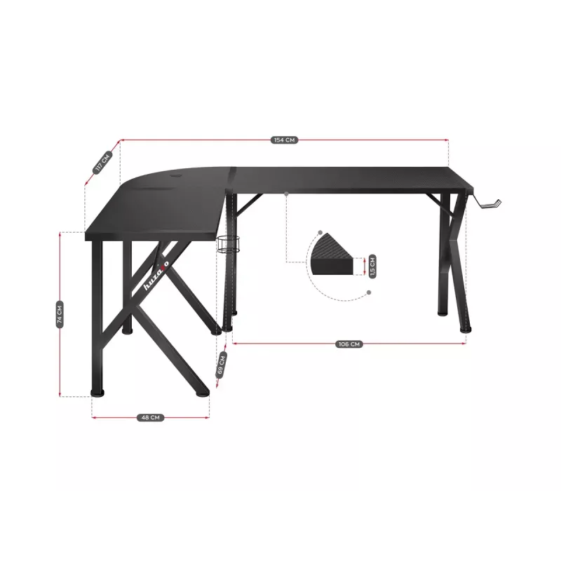 Kampinis žaidimų stalas Huzaro Hero 6.3 Black L formos anglies pluošto viršus 1540×1170×740 mm