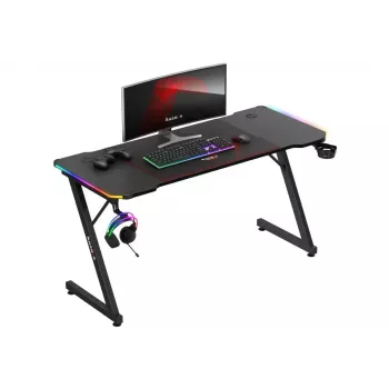 Gaming stalas huzaro Hero 3.3 RGB – juodas tiesus stalviršis 1400x600 mm, LED apšvietimas, puodelio laikiklis, ausinių kablys