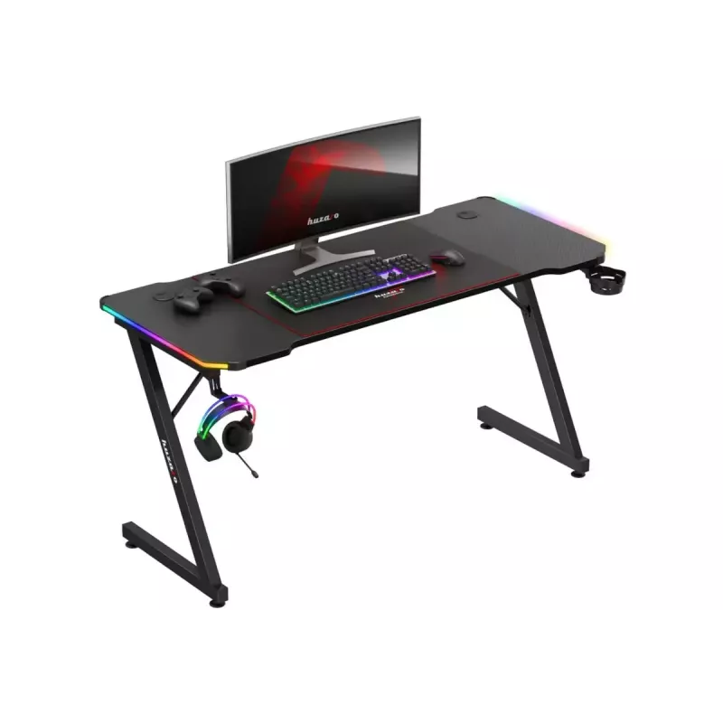 Gaming stalas huzaro Hero 3.3 RGB – juodas tiesus stalviršis 1400x600 mm, LED apšvietimas, puodelio laikiklis, ausinių kablys