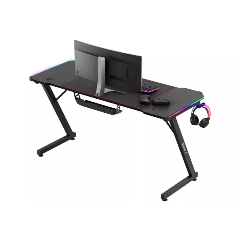 Gaming stalas huzaro Hero 3.3 RGB – juodas tiesus stalviršis 1400x600 mm, LED apšvietimas, puodelio laikiklis, ausinių kablys
