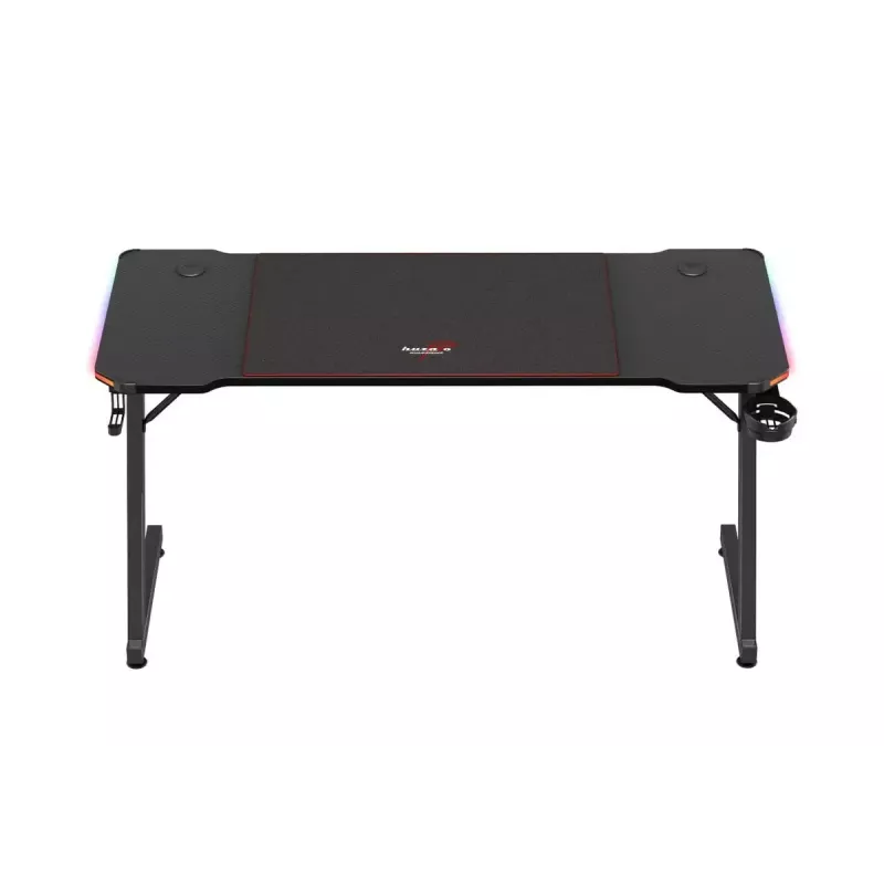 Gaming stalas huzaro Hero 3.3 RGB – juodas tiesus stalviršis 1400x600 mm, LED apšvietimas, puodelio laikiklis, ausinių kablys