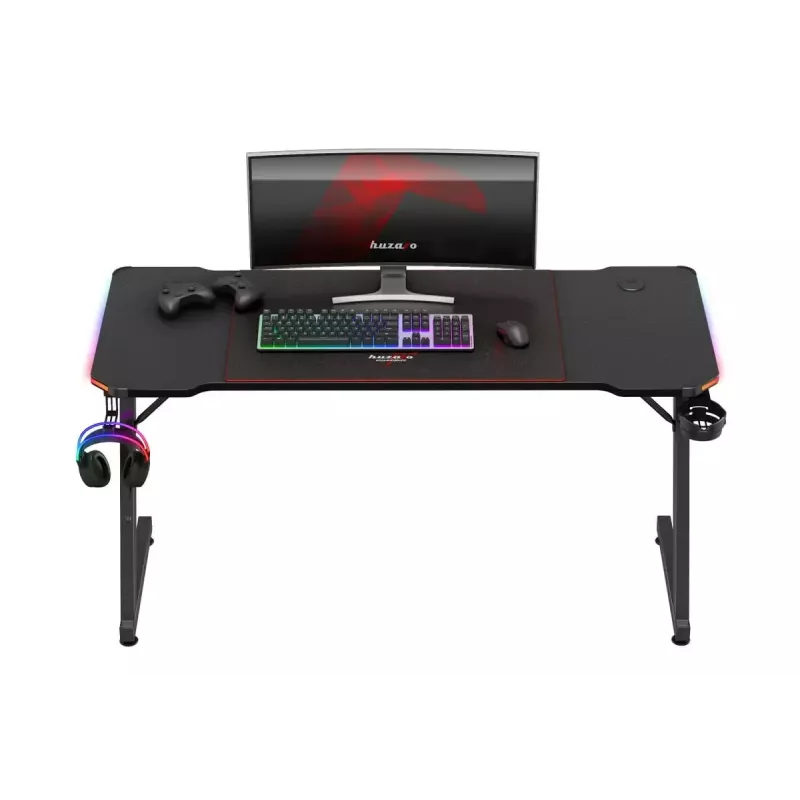 Gaming stalas huzaro Hero 3.3 RGB – juodas tiesus stalviršis 1400x600 mm, LED apšvietimas, puodelio laikiklis, ausinių kablys