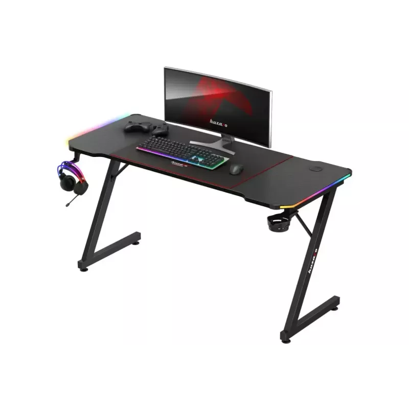 Gaming stalas huzaro Hero 3.3 RGB – juodas tiesus stalviršis 1400x600 mm, LED apšvietimas, puodelio laikiklis, ausinių kablys
