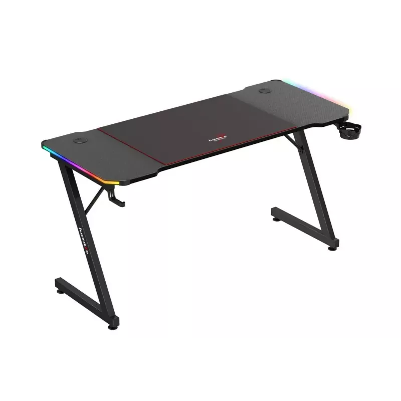 Gaming stalas huzaro Hero 3.3 RGB – juodas tiesus stalviršis 1400x600 mm, LED apšvietimas, puodelio laikiklis, ausinių kablys