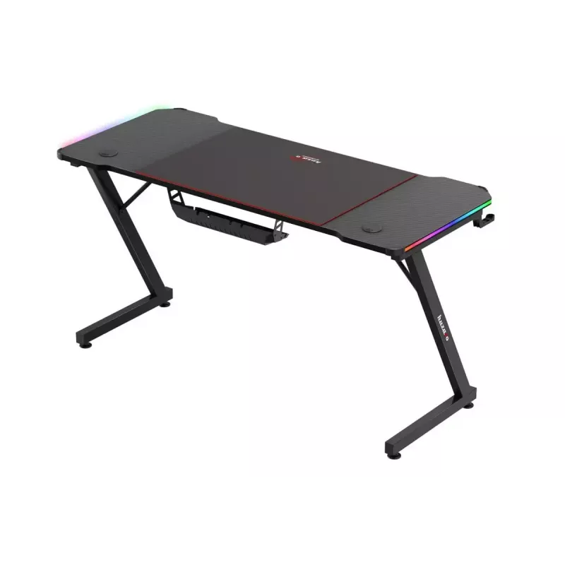 Gaming stalas huzaro Hero 3.3 RGB – juodas tiesus stalviršis 1400x600 mm, LED apšvietimas, puodelio laikiklis, ausinių kablys