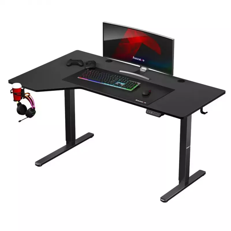 Gaming stalas huzaro Hero 9.1 Juodas – L formos MDF viršus, USB-C įkrovimas, LED valdymas, reguliuojamas aukštis 72–118 cm