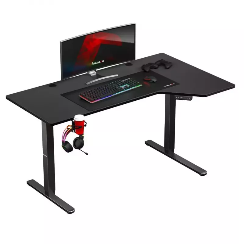 Gaming stalas huzaro Hero 9.1 Juodas – L formos MDF viršus, USB-C įkrovimas, LED valdymas, reguliuojamas aukštis 72–118 cm