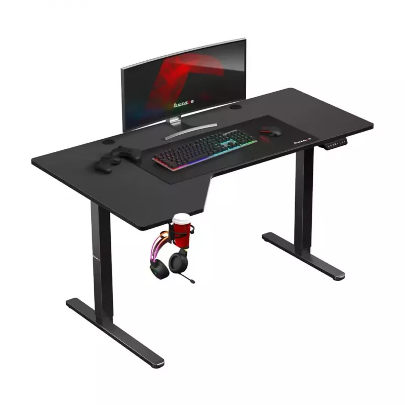 Gaming stalas huzaro Hero 9.1 Juodas – L formos MDF viršus, USB-C įkrovimas, LED valdymas, reguliuojamas aukštis 72–118 cm
