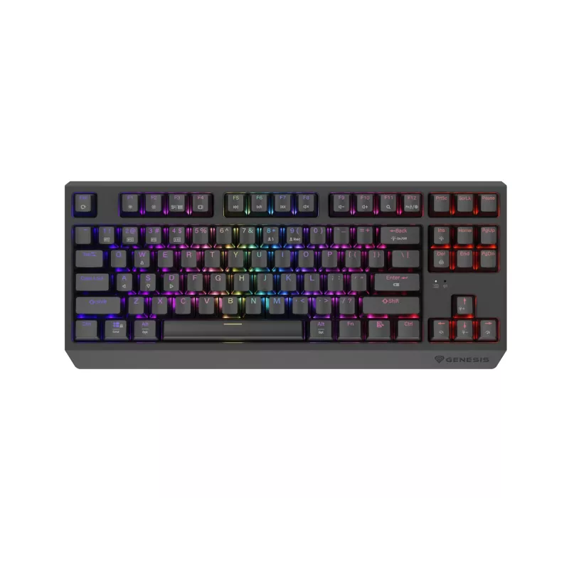 Mechaninė žaidimų klaviatūra GENESIS Thor 230 TKL be skaičių bloko – USB, RF belaidis, Bluetooth, 87 klavišų QWERTY, pilka
