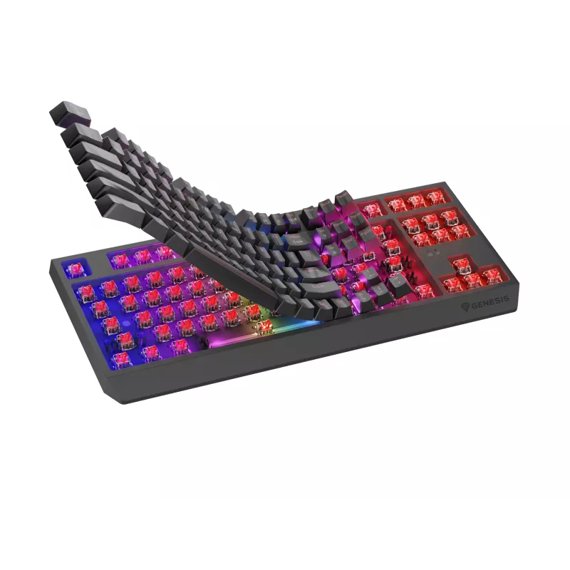 Mechaninė žaidimų klaviatūra GENESIS Thor 230 TKL be skaičių bloko – USB, RF belaidis, Bluetooth, 87 klavišų QWERTY, pilka