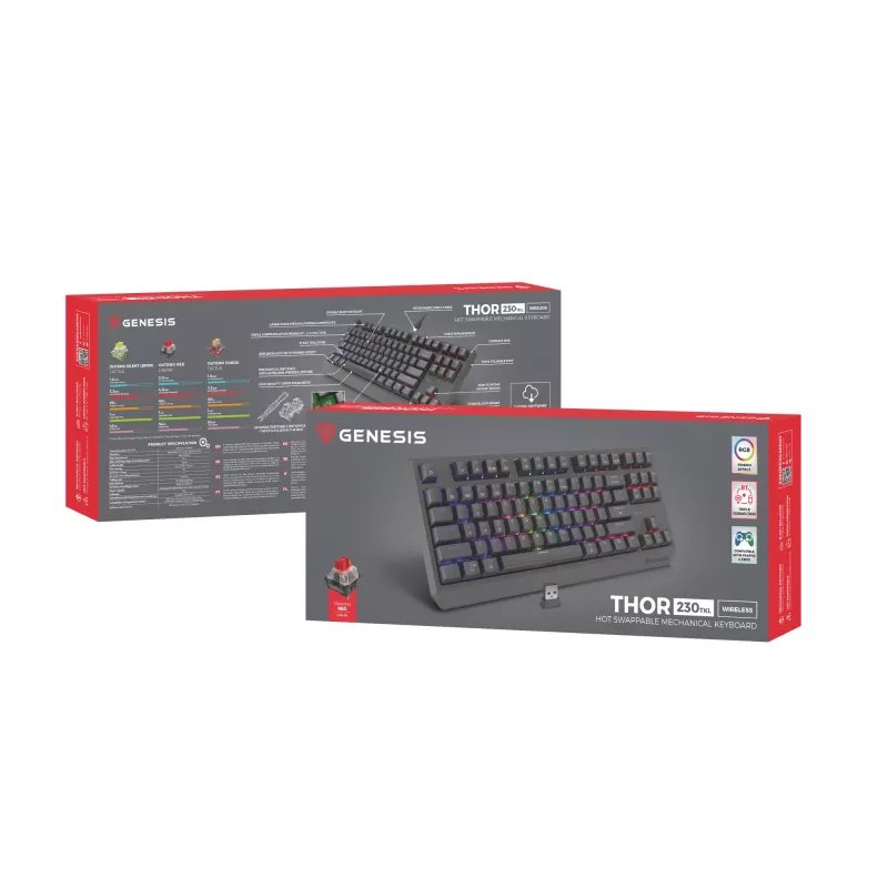 Mechaninė žaidimų klaviatūra GENESIS Thor 230 TKL be skaičių bloko – USB, RF belaidis, Bluetooth, 87 klavišų QWERTY, pilka