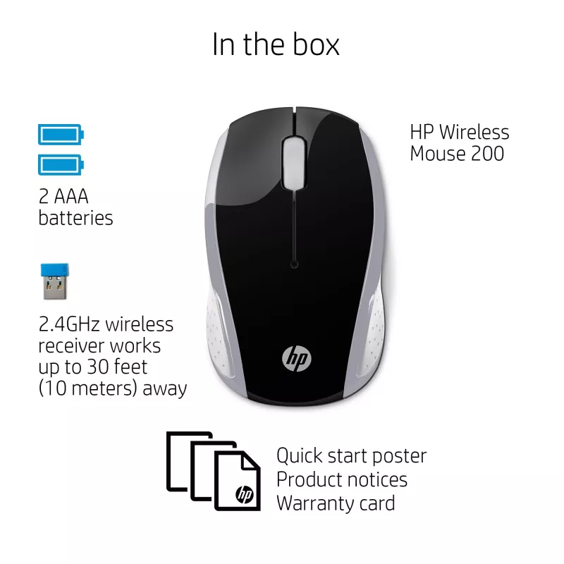 HP Wireless Mouse 200 (Pike Silver), ambidekstrinė, optinė, RF belaidė, 1000 DPI, sidabrinė