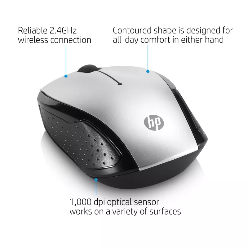 HP Wireless Mouse 200 (Pike Silver), ambidekstrinė, optinė, RF belaidė, 1000 DPI, sidabrinė
