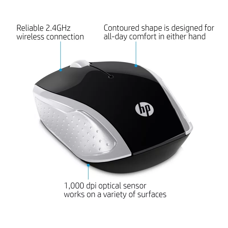 HP Wireless Mouse 200 (Pike Silver), ambidekstrinė, optinė, RF belaidė, 1000 DPI, sidabrinė
