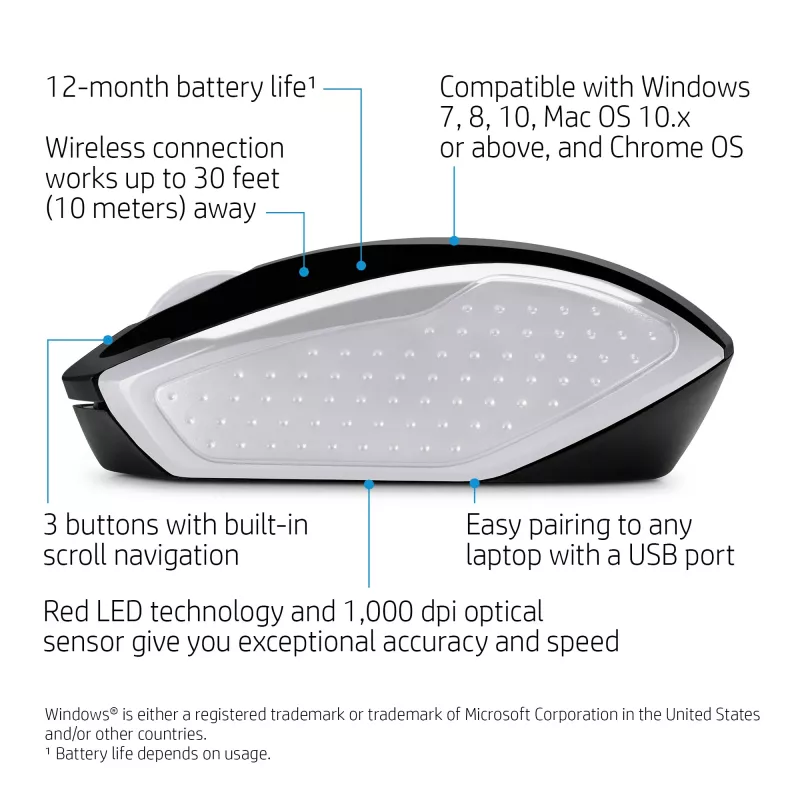 HP Wireless Mouse 200 (Pike Silver), ambidekstrinė, optinė, RF belaidė, 1000 DPI, sidabrinė
