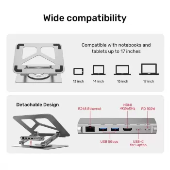 Stovas nešiojamam kompiuteriui UNITEK D1109A – aliumininis reguliuojamas stovas su USB-C stotele, HDMI, Gigabit Ethernet (tinka 14–17 colių)