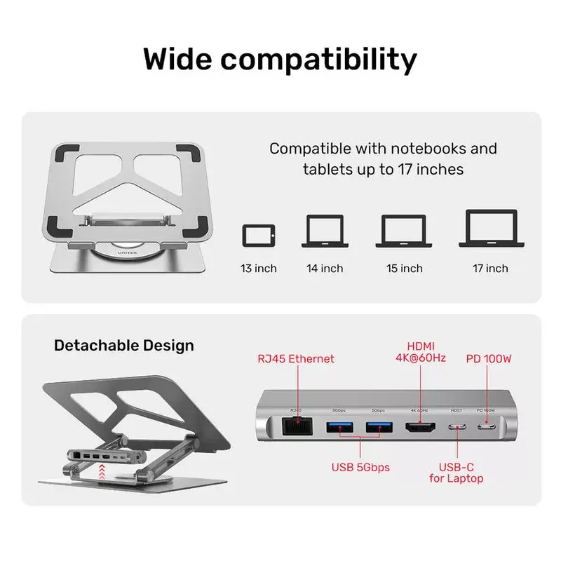 Unitek D1109A sulankstoma sukama nešiojamo kompiuterio paceliama pakura su USB-C šakotuvu, HDMI 4K, PD 100 W, iki 17 colių (43,2 cm)