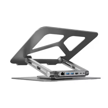 Stovas nešiojamam kompiuteriui UNITEK D1109A – aliumininis reguliuojamas stovas su USB-C stotele, HDMI, Gigabit Ethernet (tinka 14–17 colių)