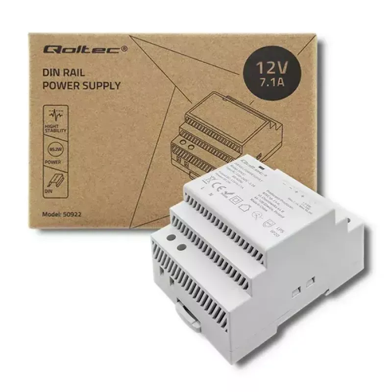 DIN bėgio maitinimo šaltinis QOLTEC 50922 — 12V 7.1A, 85.2W