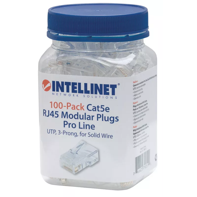 Intellinet Pro Line RJ45 kištukai Cat5e UTP, 3 kontaktai, kietai vielai, 50 µ auksuoti kontaktai, 100 vnt.