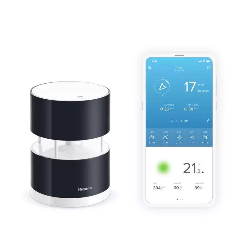 Netatmo Smart Anemometras, vėjo greičio matuoklis, belaidis, Wi-Fi, 0-45 m/s, 100 m, juodas, permatomas
