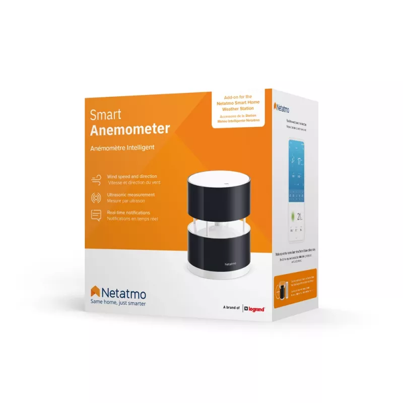 Netatmo Smart Anemometras, vėjo greičio matuoklis, belaidis, Wi-Fi, 0-45 m/s, 100 m, juodas, permatomas