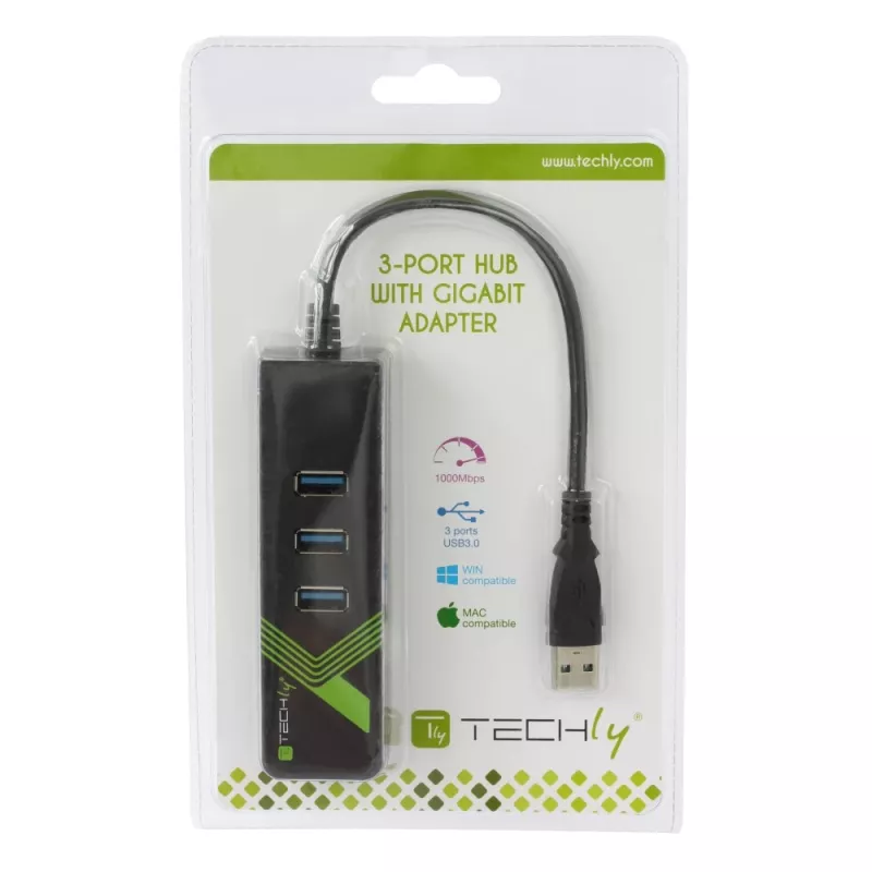 Techly IDATA-USB-ETGIGA-3U2 USB 3.2 Gen 1 Type-A dokas / prievadų plėtiklis juodas
