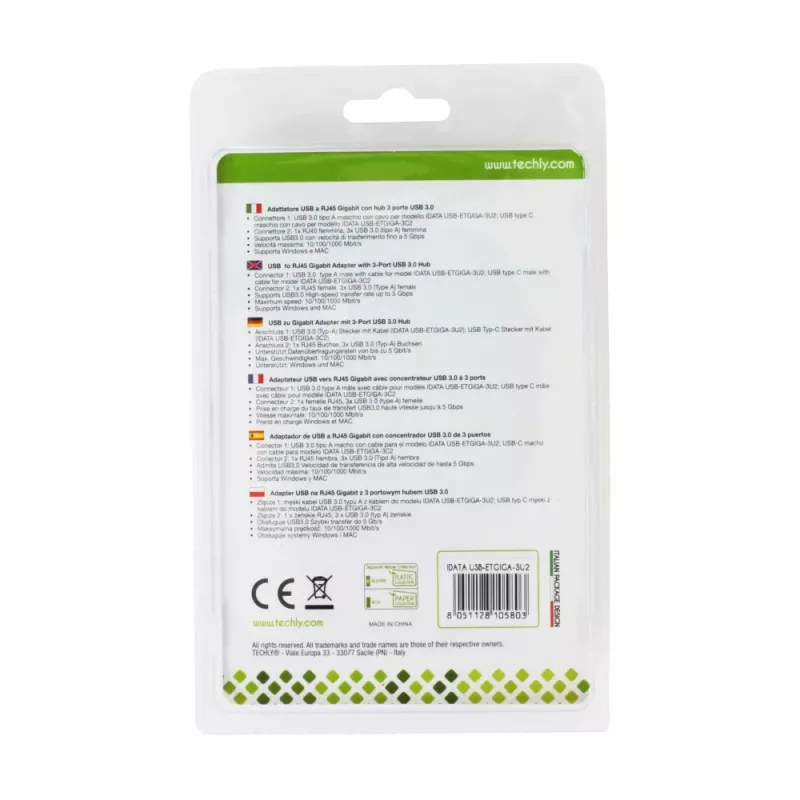Techly IDATA-USB-ETGIGA-3U2 USB 3.2 Gen 1 Type-A dokas / prievadų plėtiklis juodas