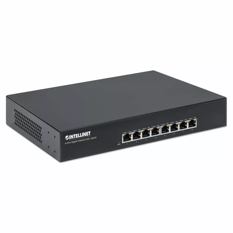 Intellinet 8 prievadų Gigabit Ethernet PoE+ jungiklis, 8 PoE prievadai, IEEE 802.3at/af, stalinis, dėžutė