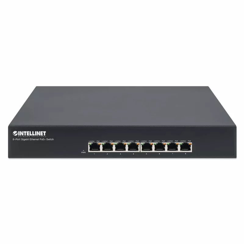 Intellinet 8 prievadų Gigabit Ethernet PoE+ jungiklis, 8 PoE prievadai, IEEE 802.3at/af, stalinis, dėžutė