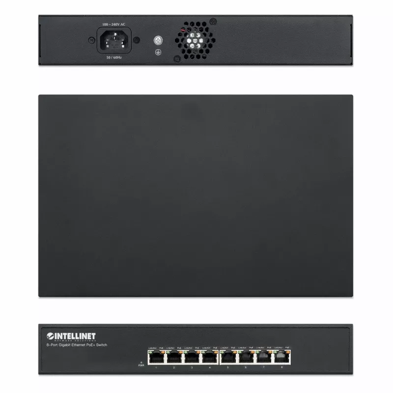 Intellinet 8 prievadų Gigabit Ethernet PoE+ jungiklis, 8 PoE prievadai, IEEE 802.3at/af, stalinis, dėžutė