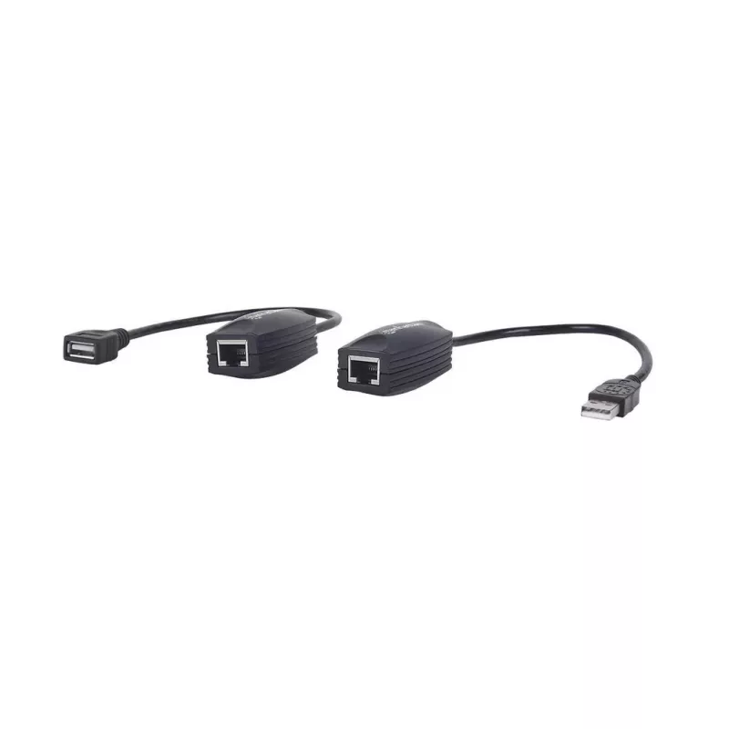 Manhattan USB-A linijos prailgintuvas, skirtas RJ45 tinklo kabeliui (neįeina), prailgina USB įrenginį iki 60 m, maitinimas iš USB magistralės, tinka Cat5e/Cat6/Cat6A RJ45 tinklo kabeliai, juoda spalva, trejų metų garantija