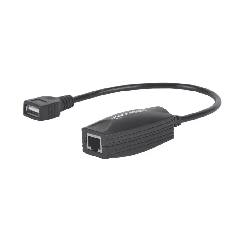 Manhattan USB-A linijos prailgintuvas, skirtas RJ45 tinklo kabeliui (neįeina), prailgina USB įrenginį iki 60 m, maitinimas iš USB magistralės, tinka Cat5e/Cat6/Cat6A RJ45 tinklo kabeliai, juoda spalva, trejų metų garantija