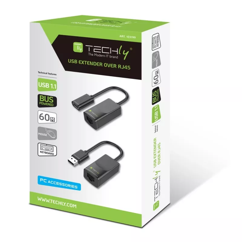 Techly IUSB-EXTENDTY2 lyties keitiklis RJ-45 USB 2.0 Type-A juodas