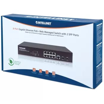 Valdomas jungiklis Intellinet 8 prievadų Gigabit Ethernet PoE+ su 2 SFP prievadais