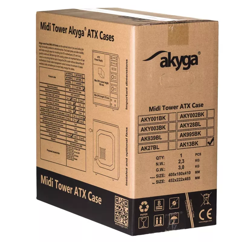 Korpusas Akyga AK13BK Micro Tower — ATX/Micro-ATX, 3×3,5 colio vietos, 3×2,5 colio vietos, maitinimo šaltinis viršuje, USB 3.2 Gen1×2, maks. GPU 385 mm, juodas