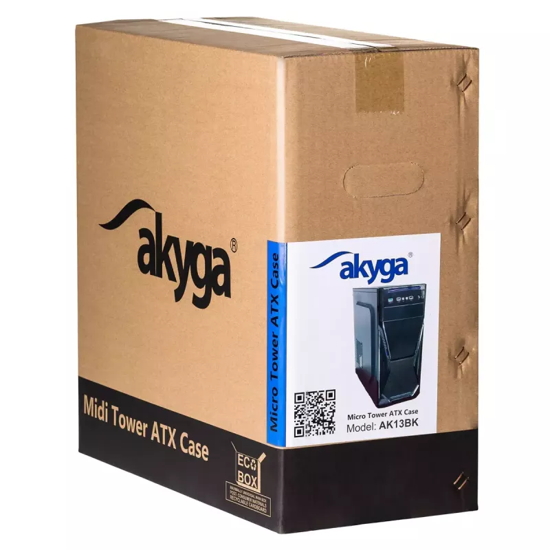 Korpusas Akyga AK13BK Micro Tower — ATX/Micro-ATX, 3×3,5 colio vietos, 3×2,5 colio vietos, maitinimo šaltinis viršuje, USB 3.2 Gen1×2, maks. GPU 385 mm, juodas