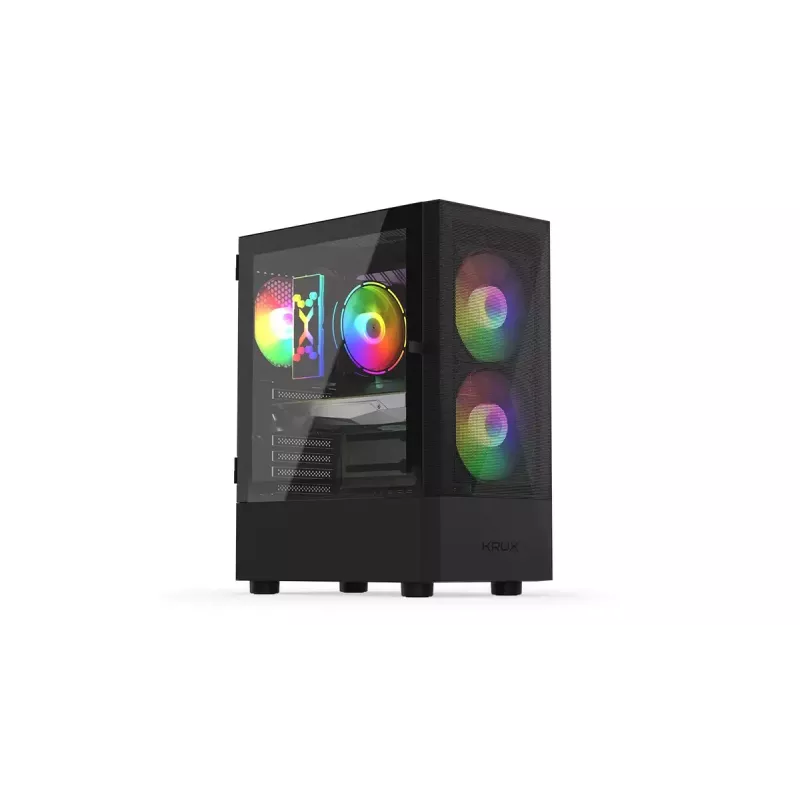 PC korpusas KRUX VAKO KRX0132 ATX juodas — grūdintas stiklas, RGB, tinka Mini‑ATX, GPU iki 31 cm, CPU aušintuvas iki 15,9 cm