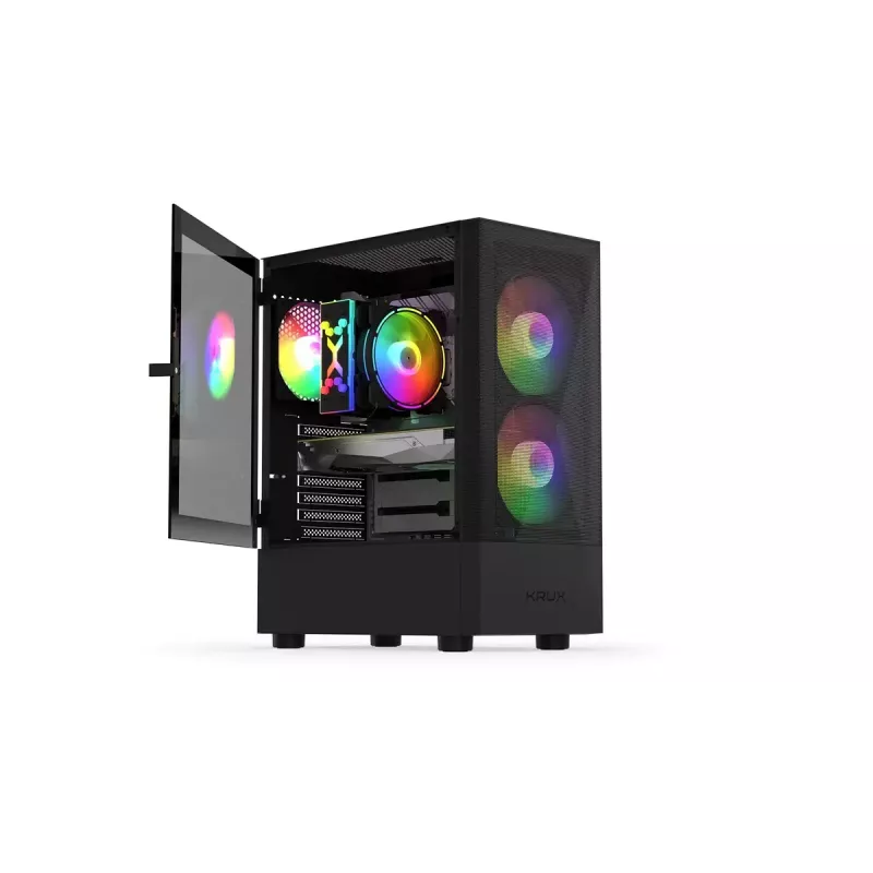 PC korpusas KRUX VAKO KRX0132 ATX juodas — grūdintas stiklas, RGB, tinka Mini‑ATX, GPU iki 31 cm, CPU aušintuvas iki 15,9 cm