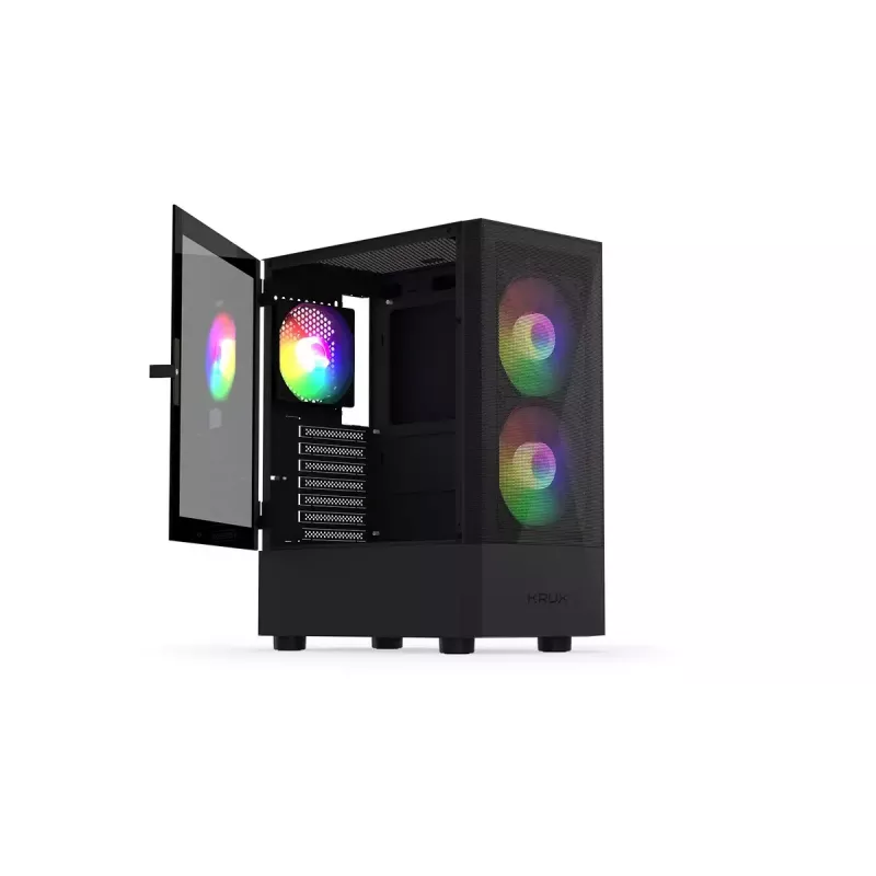 PC korpusas KRUX VAKO KRX0132 ATX juodas — grūdintas stiklas, RGB, tinka Mini‑ATX, GPU iki 31 cm, CPU aušintuvas iki 15,9 cm