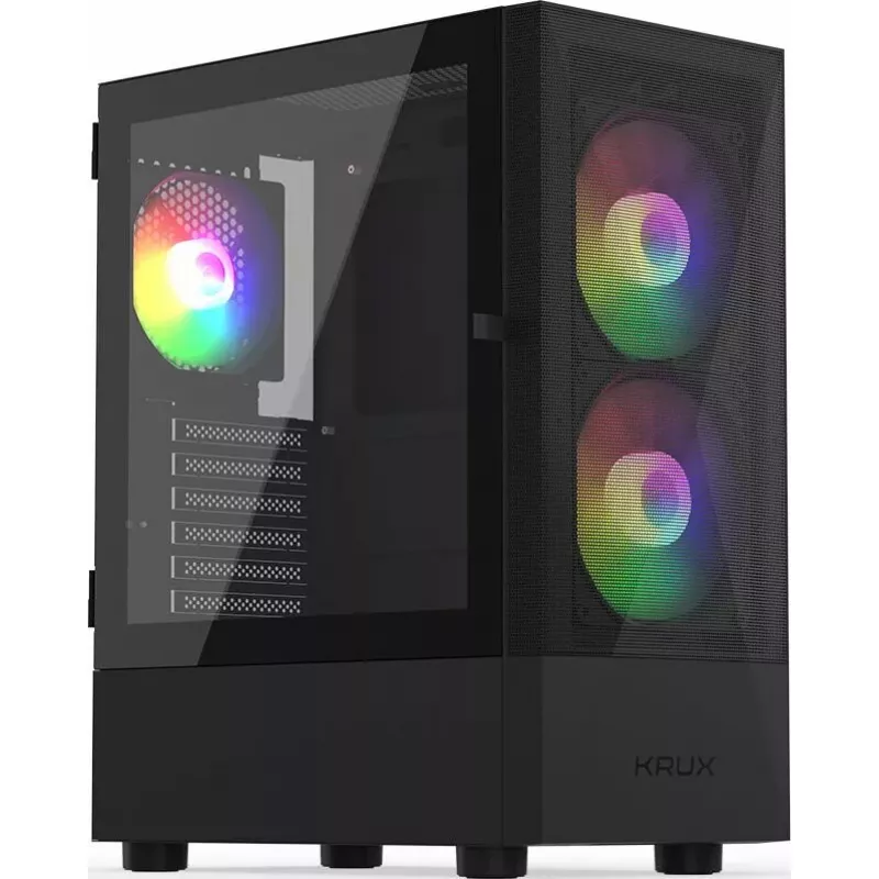 PC korpusas KRUX VAKO KRX0132 ATX juodas — grūdintas stiklas, RGB, tinka Mini‑ATX, GPU iki 31 cm, CPU aušintuvas iki 15,9 cm