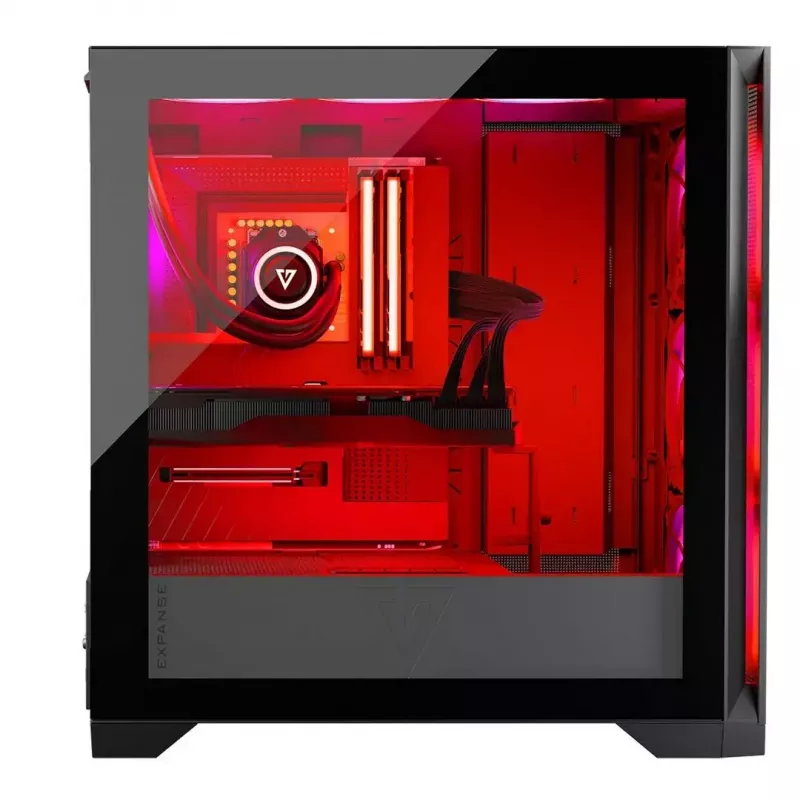 PC korpusas MODECOM VOLCANO EXPANSE S APEX ARGB MIDI bokštas, grūdintas stiklas, USB-C, 3x140 mm priekyje, palaiko ATX/microATX, GPU iki 430 mm