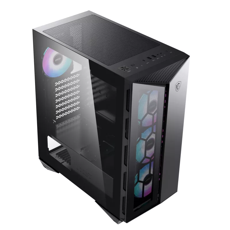 MSI MPG GUNGNIR 110R vidutinis bokštas žaidimų kompiuterio korpusas juodas, USB 3.2 Gen2 Type C, 4x 120 mm ARGB ventiliatorius, Mystic Light sinchronizacija, 1–6 ARGB valdymo plokštė, 2x grūdinto stiklo plokštės, ATX, mATX, mini-ITX