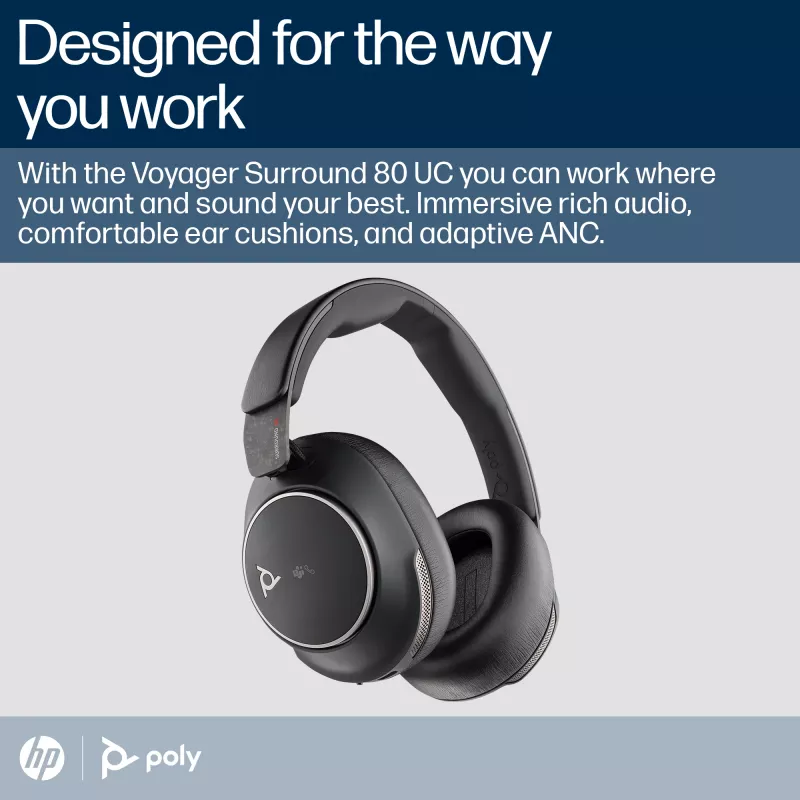 HP Poly Voyager Surround 80 UC belaidės ausinės su USB-C/USB-A adapteriu, sertifikuotos Microsoft Teams