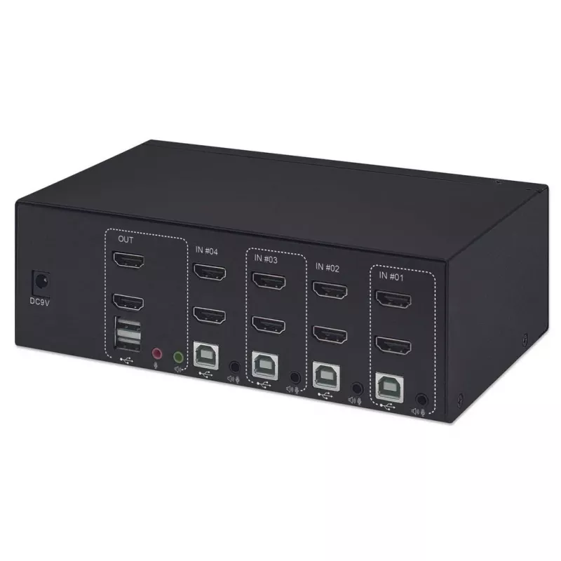 KVM jungiklis Manhattan 4 prievadai 4K@30Hz USB-A garsas mikrofonas