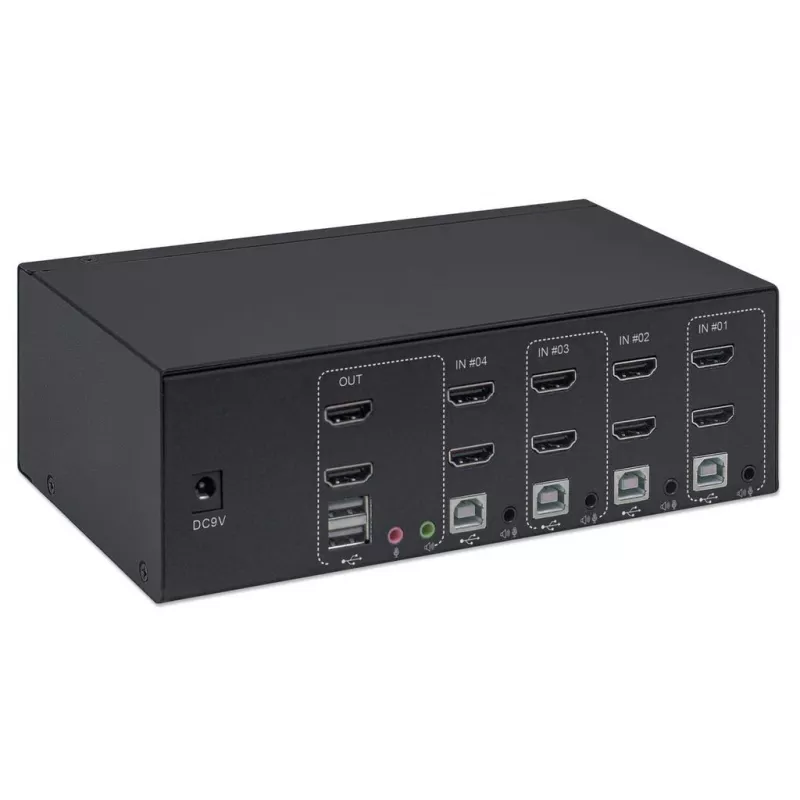 KVM jungiklis Manhattan 4 prievadai 4K@30Hz USB-A garsas mikrofonas
