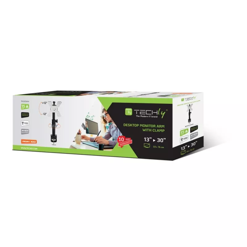 Techly ICA-LCD 500BK stalo monitoriaus laikiklis 13–30 colių (76,2 cm), iki 15 kg, VESA 75x75/100x100, juodas
