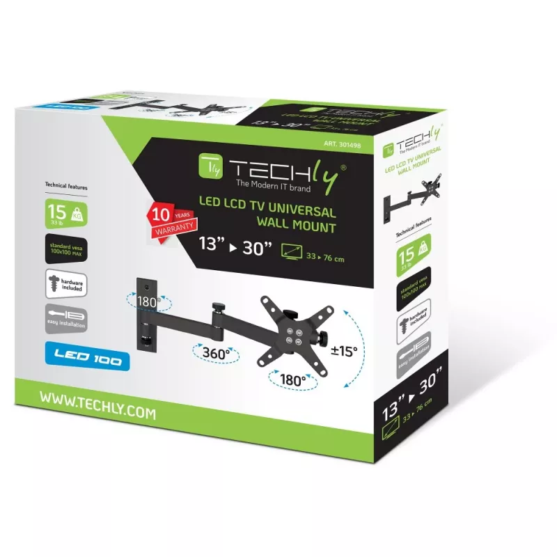 Techly ICA-LCD 104BK Sieninis laikiklis televizoriui 13-30 colių, pakreipiamas, 3 jungtys, juodas