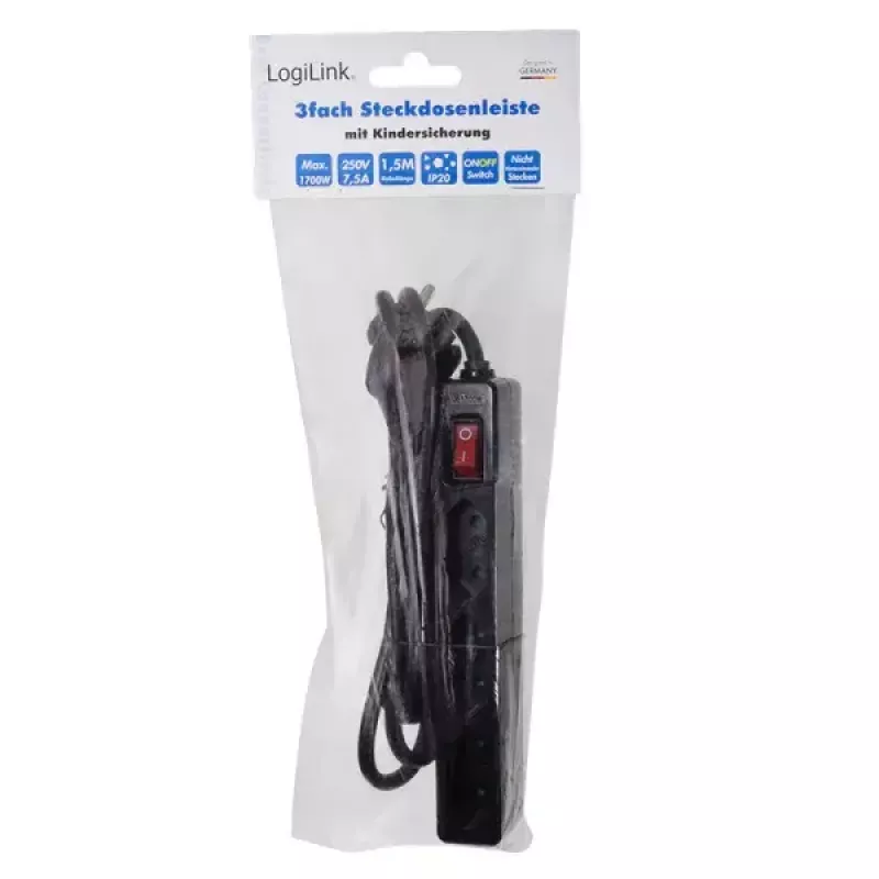 Prailginimo laidas LogiLink LPS230B 1,5 m 3 kištukiniai lizdai juodas