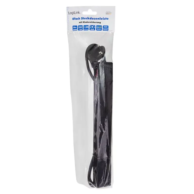 Prailginimo blokas LogiLink LPS232B 1,5 m, 6 lizdų, juodas